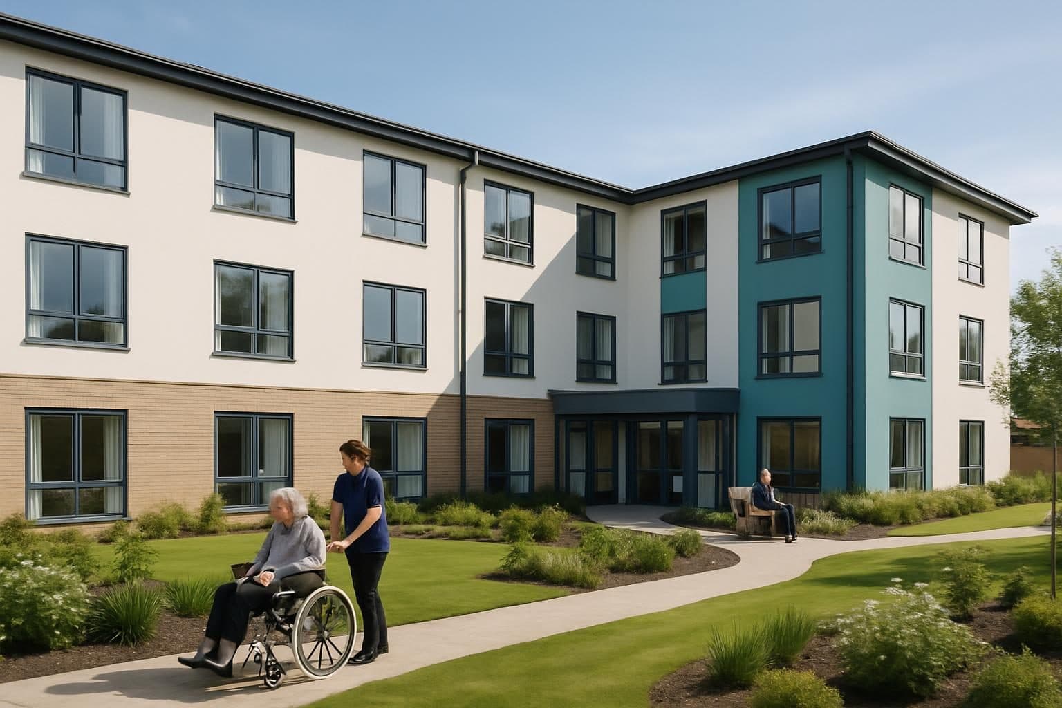An illustration of the outside of a modern care home