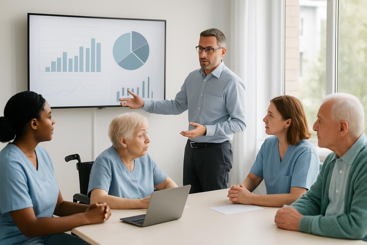 An illustration of a quality meeting with care home managers