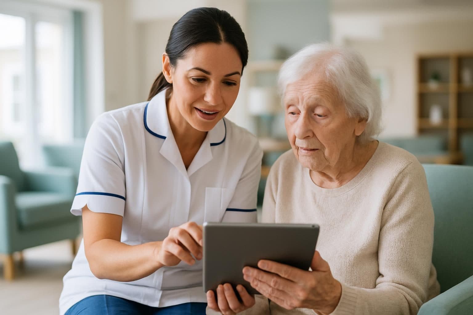 An illustration of a care assistant helping a resident with a tablet