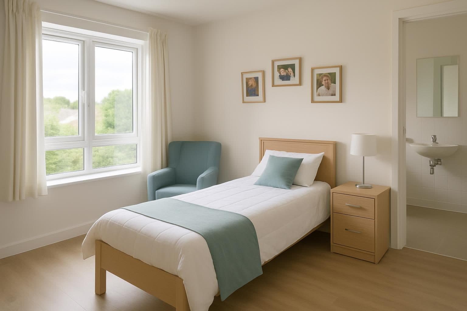 An illustration of a bright en suite bedroom