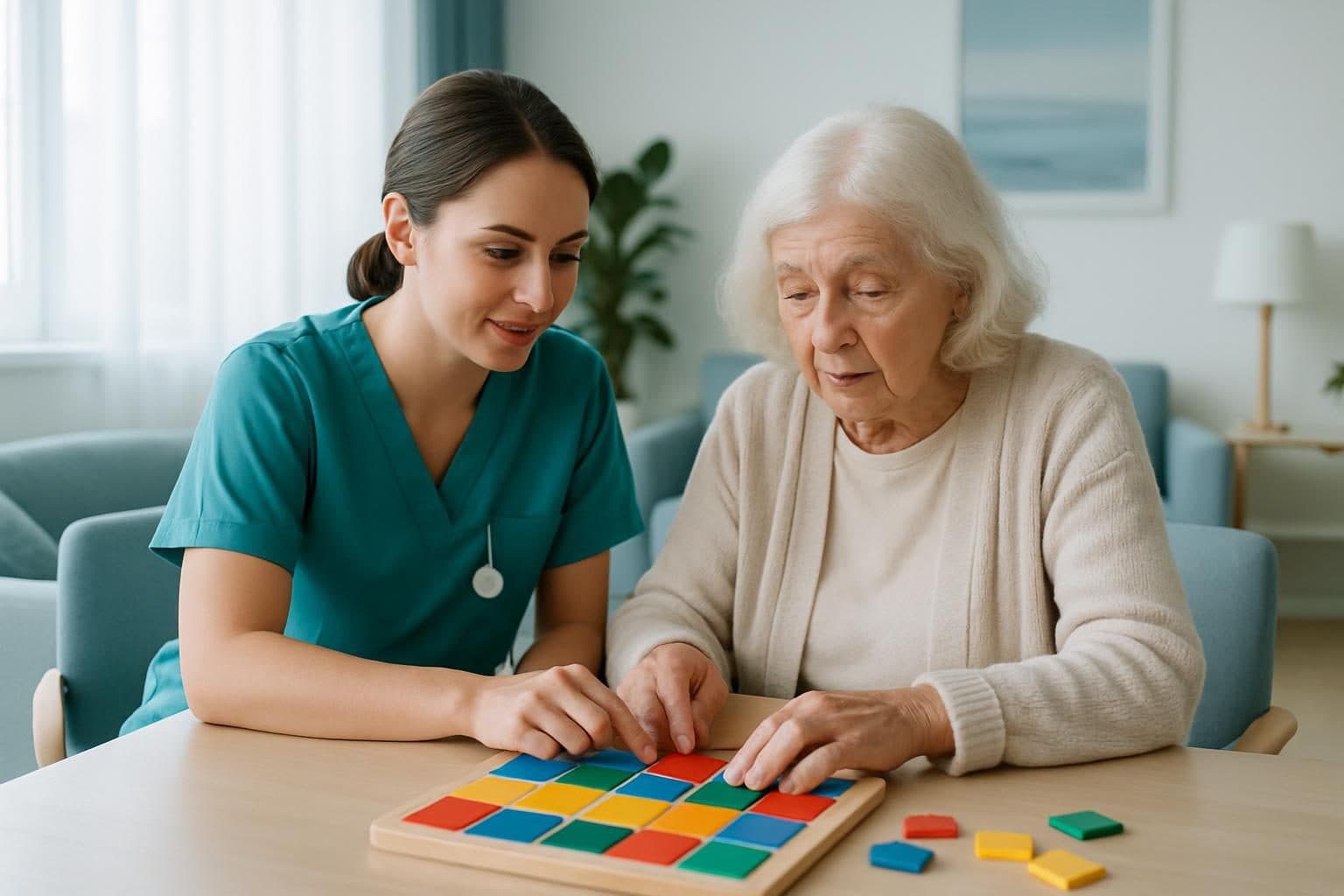 An illustration of a nurse and a resident doing a memory puzzle