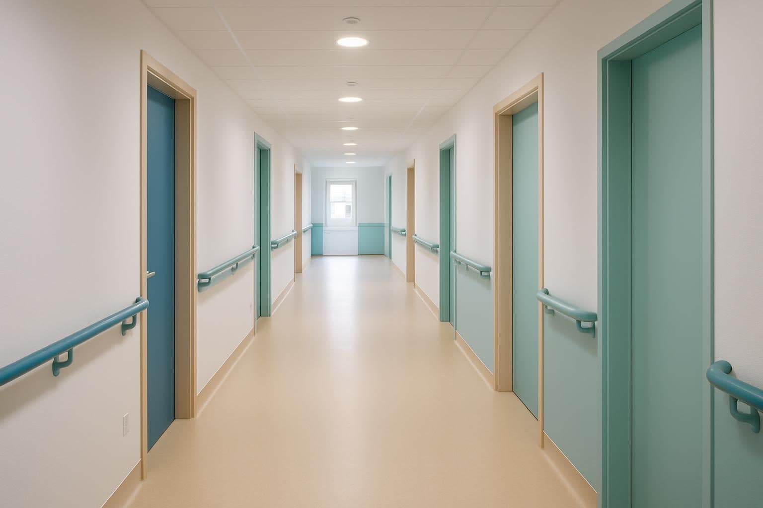 An illustration of a bright dementia friendly corridor