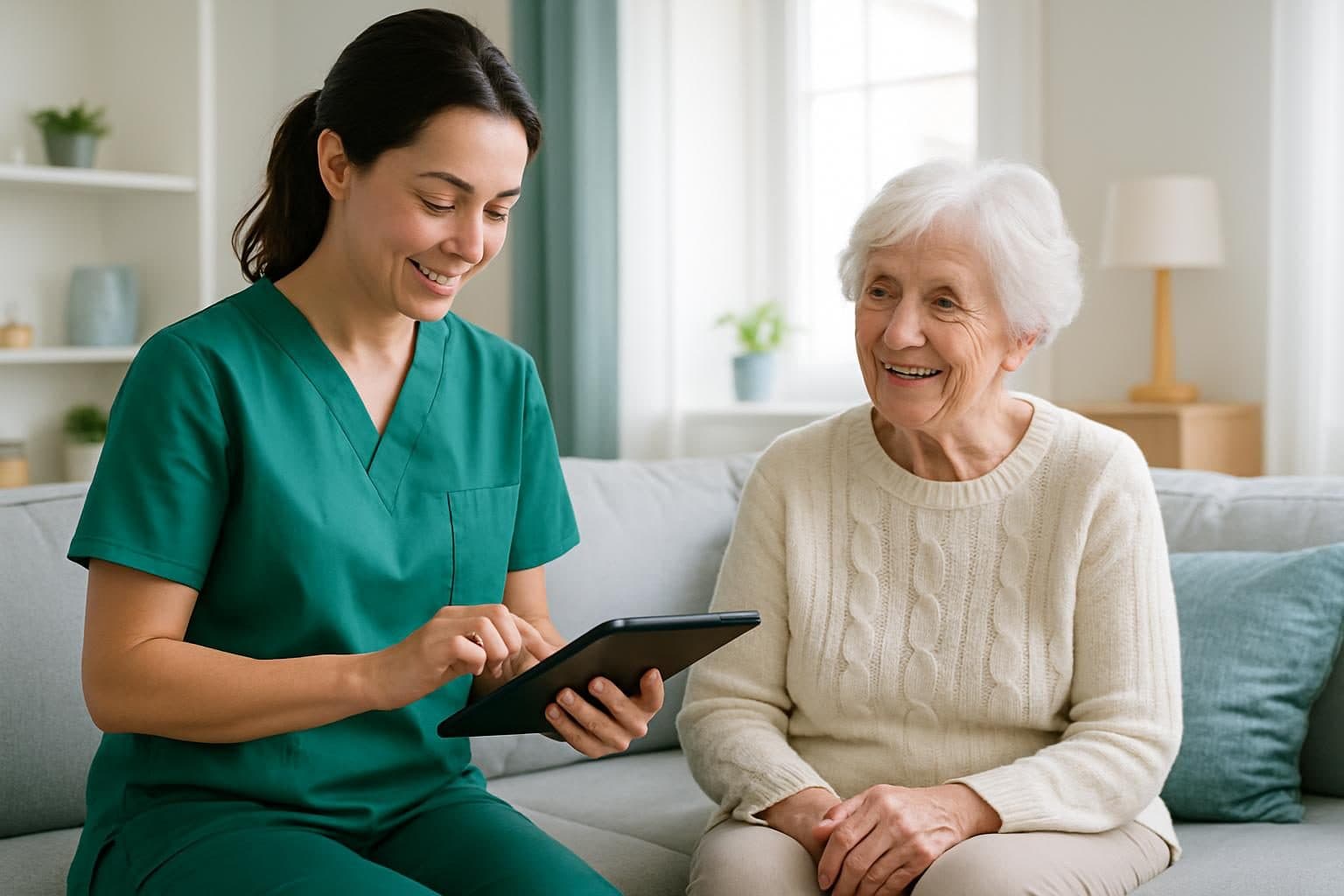 An illustration of a home carer recording a visit on a tablet