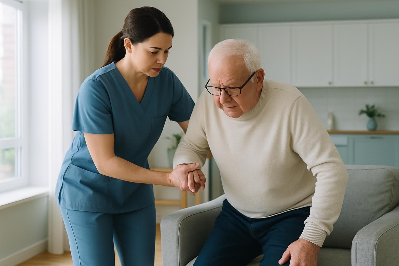 An illustration of a live-in carer helping a man stand from his chair