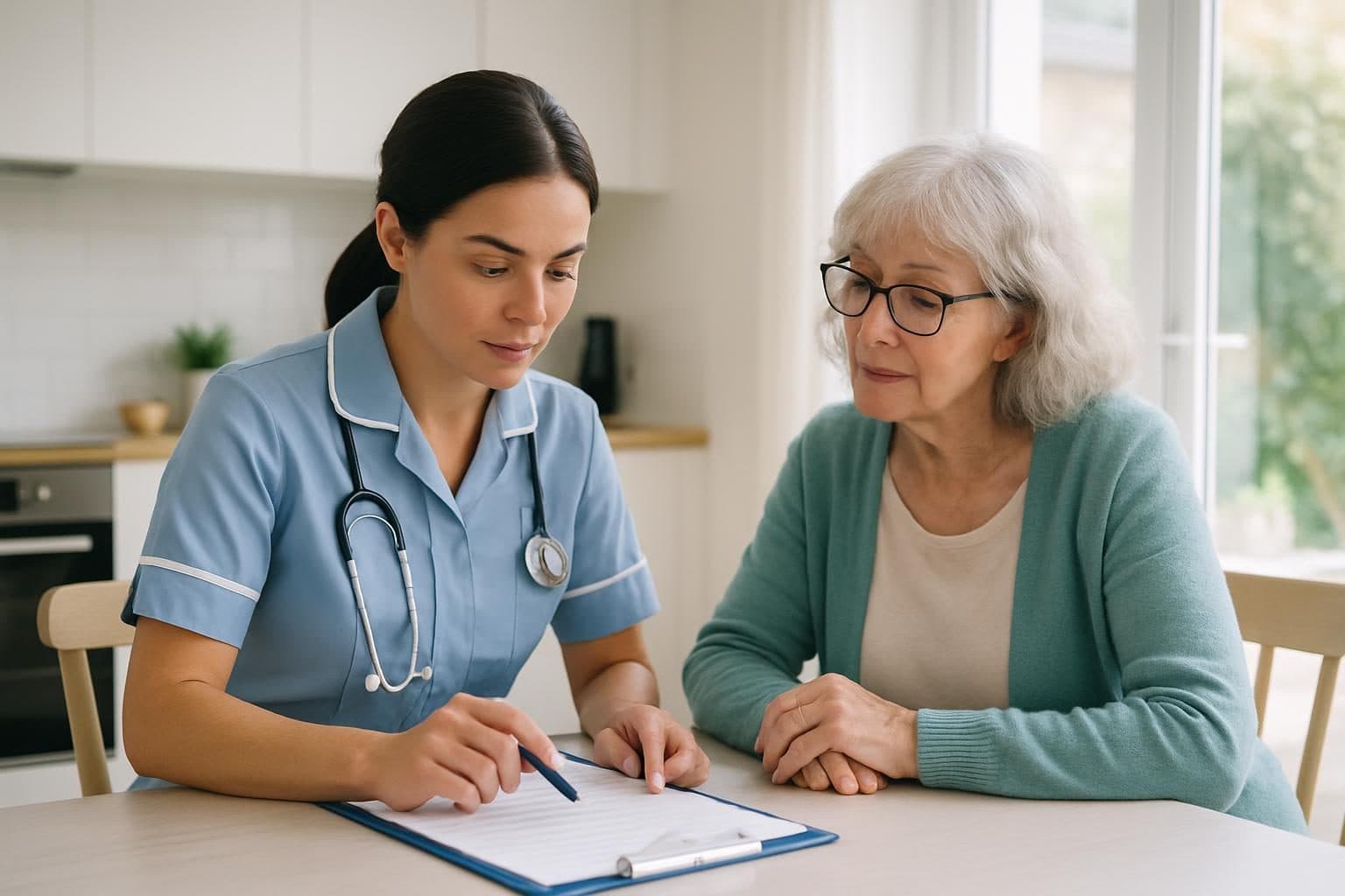 An illustration of a nurse and a carer reviewing a care plan