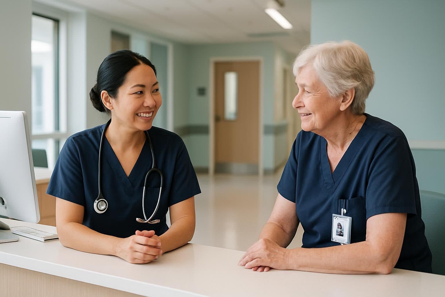 An illustration of two nurses at a nurses station
