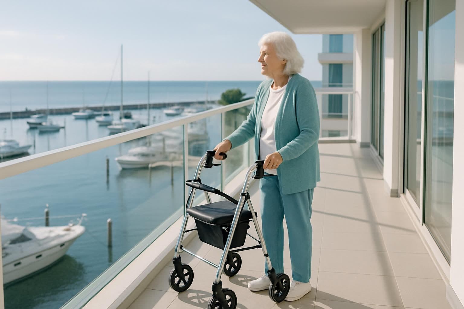An illustration of a woman on a harbourside apartment balcony