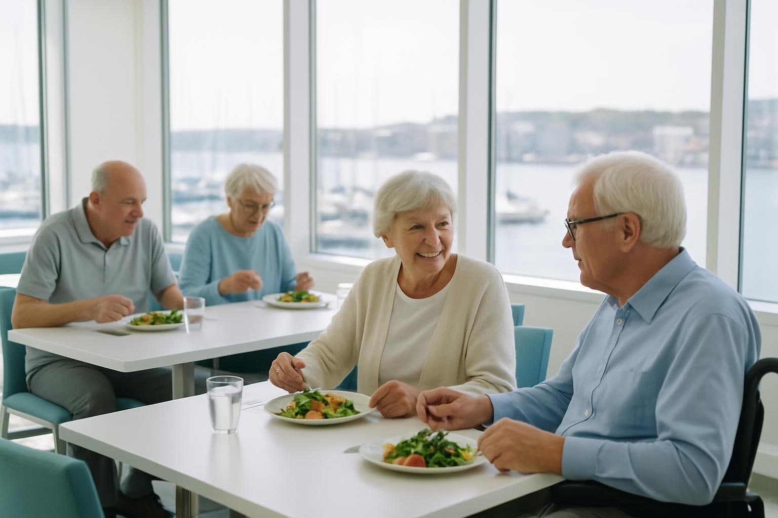 An illustration of residents having lunch overlooking a harbour