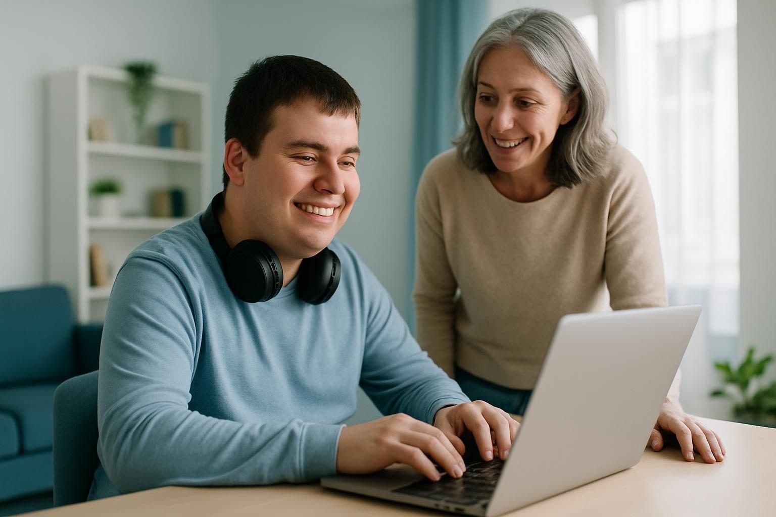 An illustration of a young man working at a laptop in his own flat