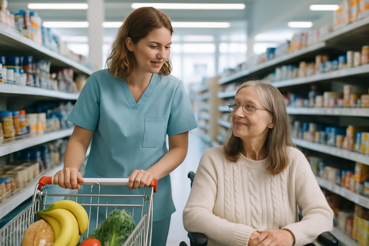 An illustration of a support worker and a woman shopping together