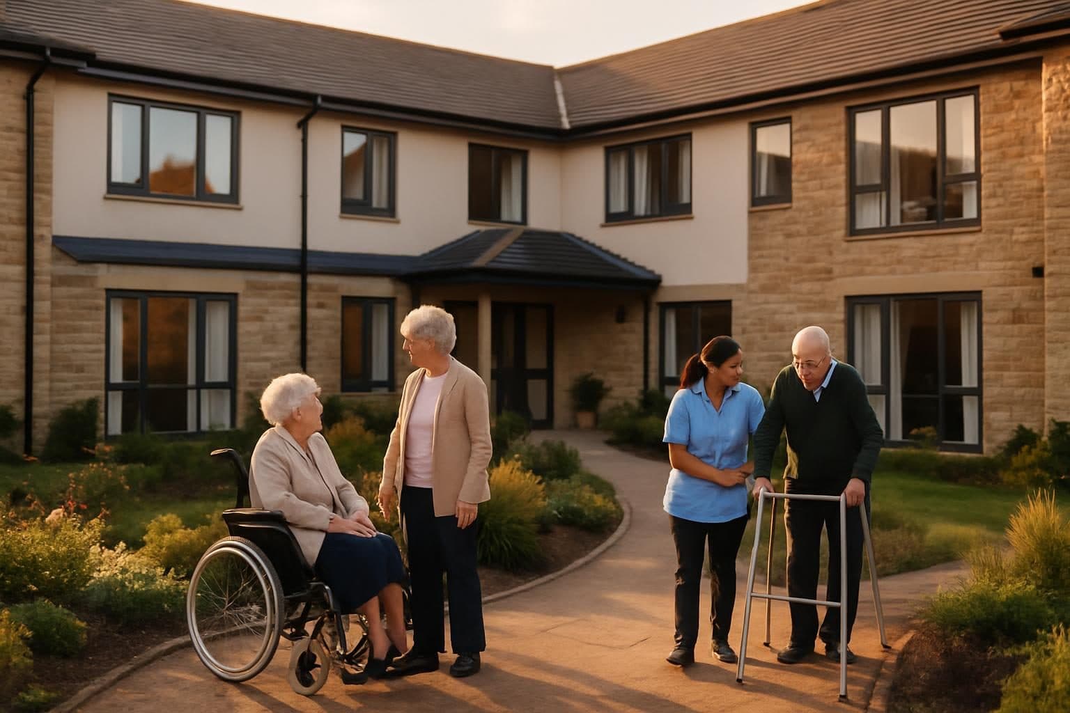 An illustration of the outside of a modern care home in its gardens