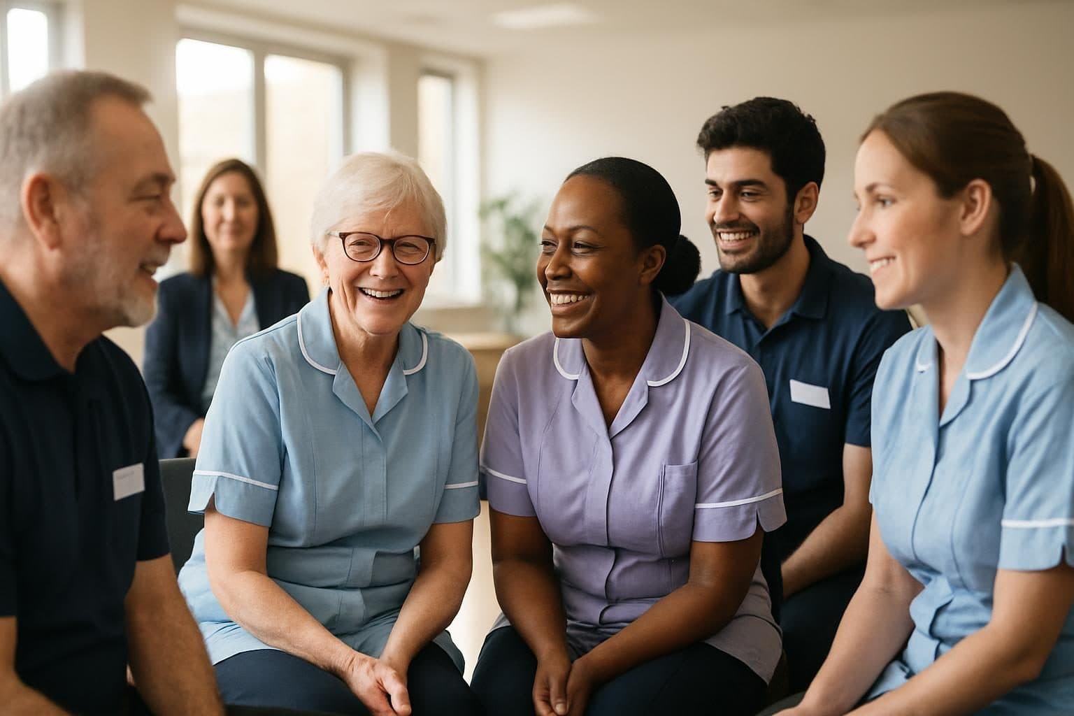 An illustration of managers and carers talking in a training room