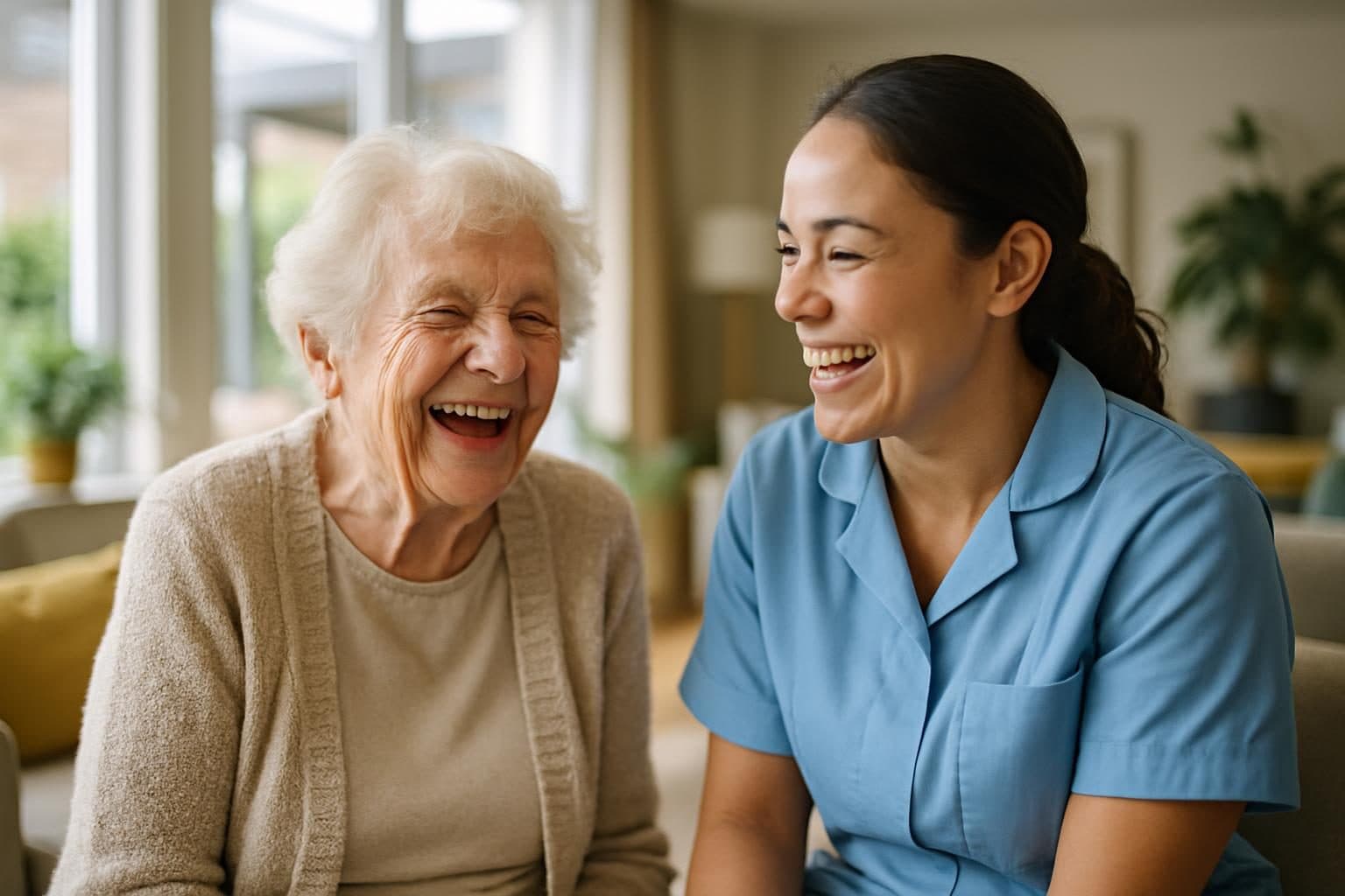 An illustration of a resident and a care assistant sharing a laugh in a bright lounge