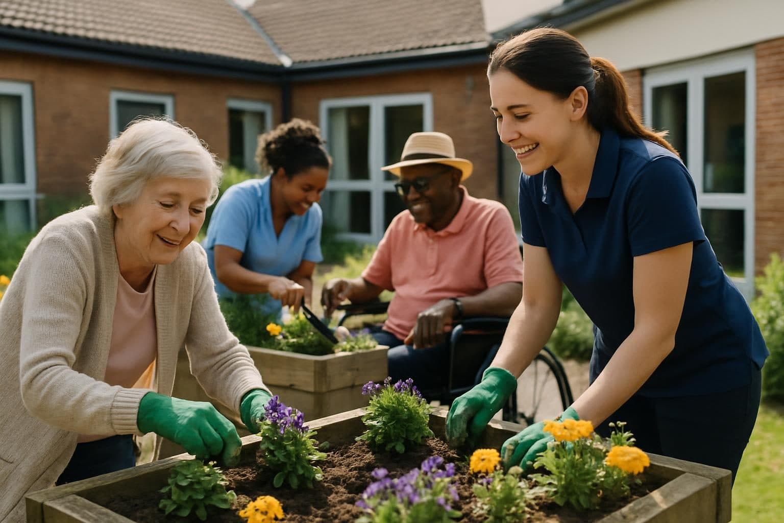 An illustration of residents and staff gardening together