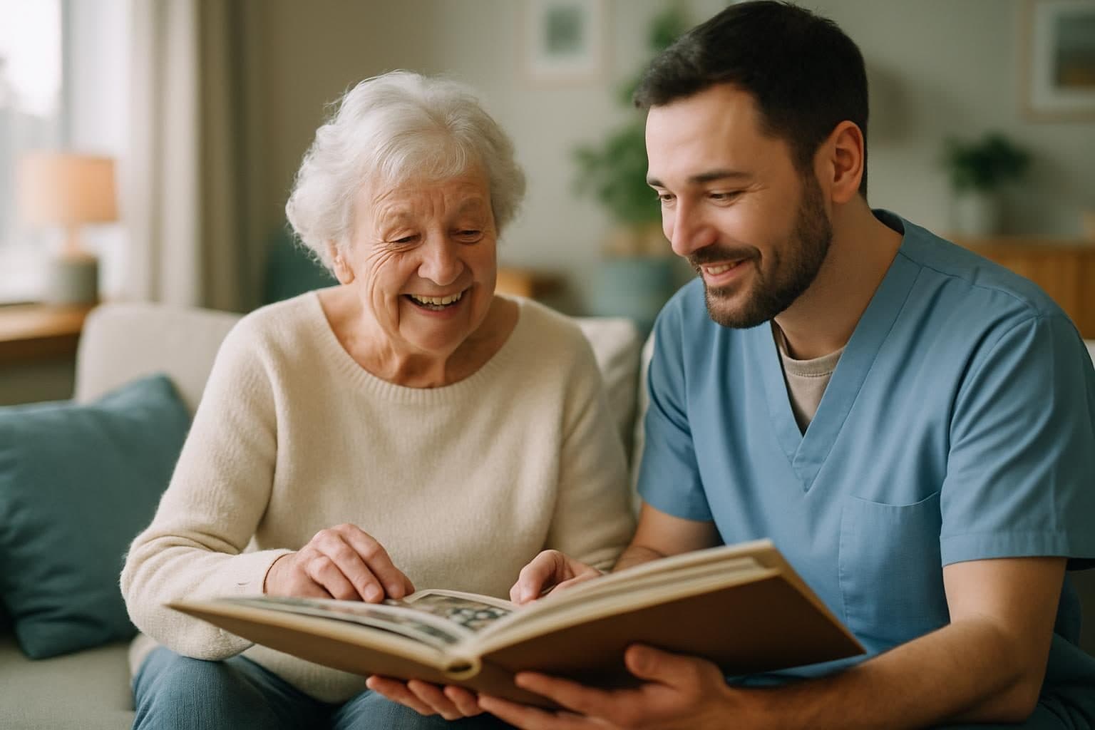 An illustration of a resident looking at a photo album with a carer