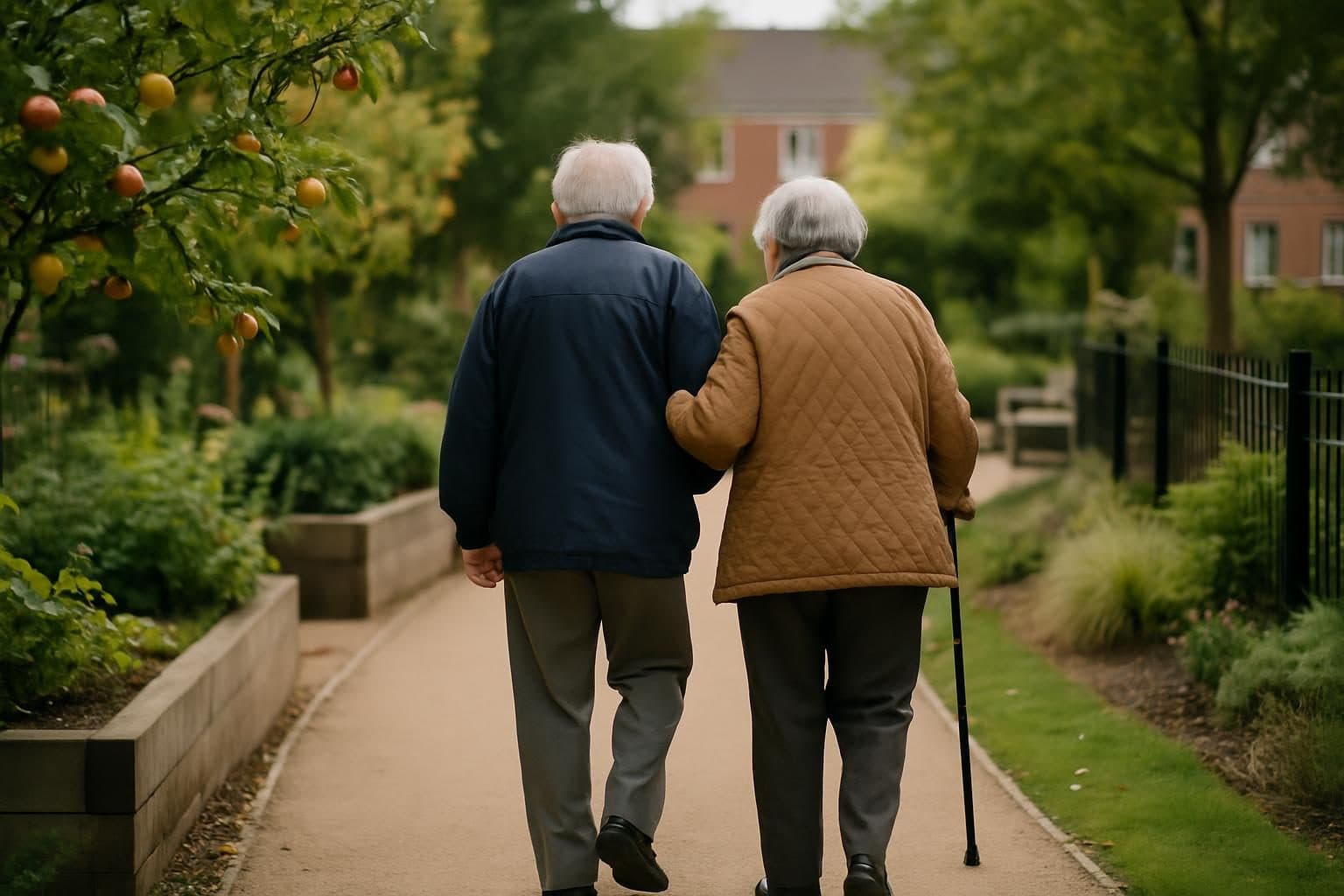 An illustration of two residents walking in a garden