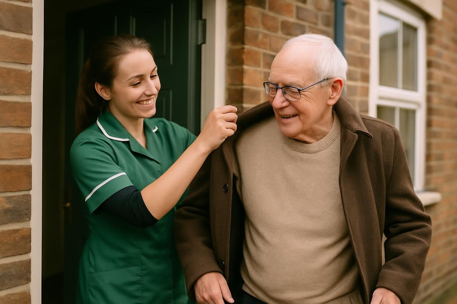 An illustration of a home carer helping a man with his coat