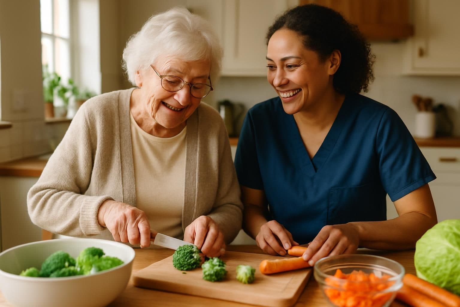 An illustration of a carer and a client cooking together