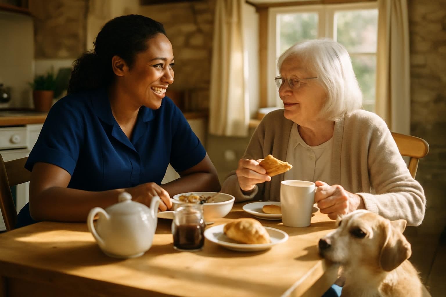 An illustration of a live-in carer and a woman having breakfast at home