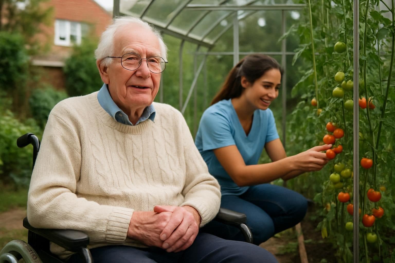 An illustration of a man and his carer in a greenhouse