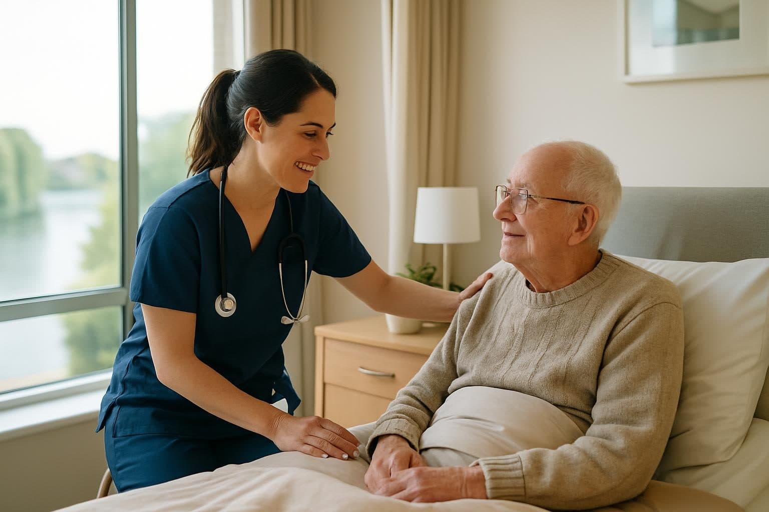 An illustration of a nurse checking on a resident in a bright room