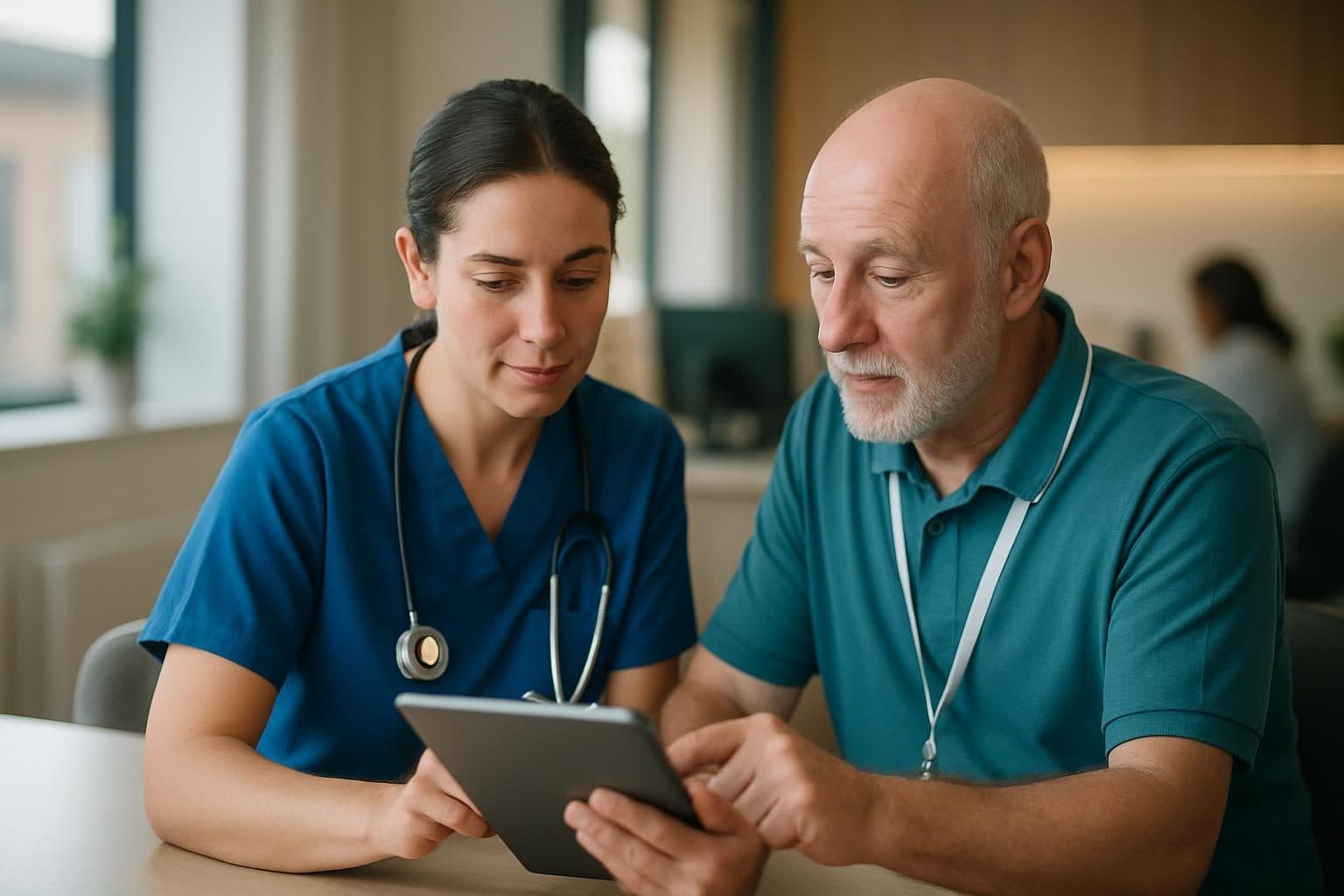 An illustration of nurses reviewing a care plan together