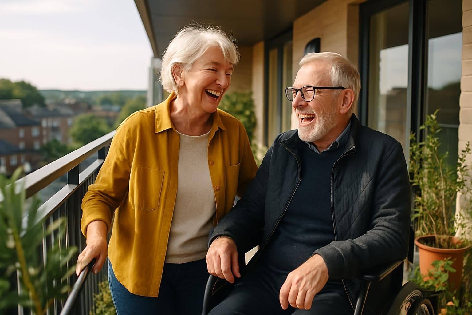 An illustration of a couple laughing on an apartment balcony
