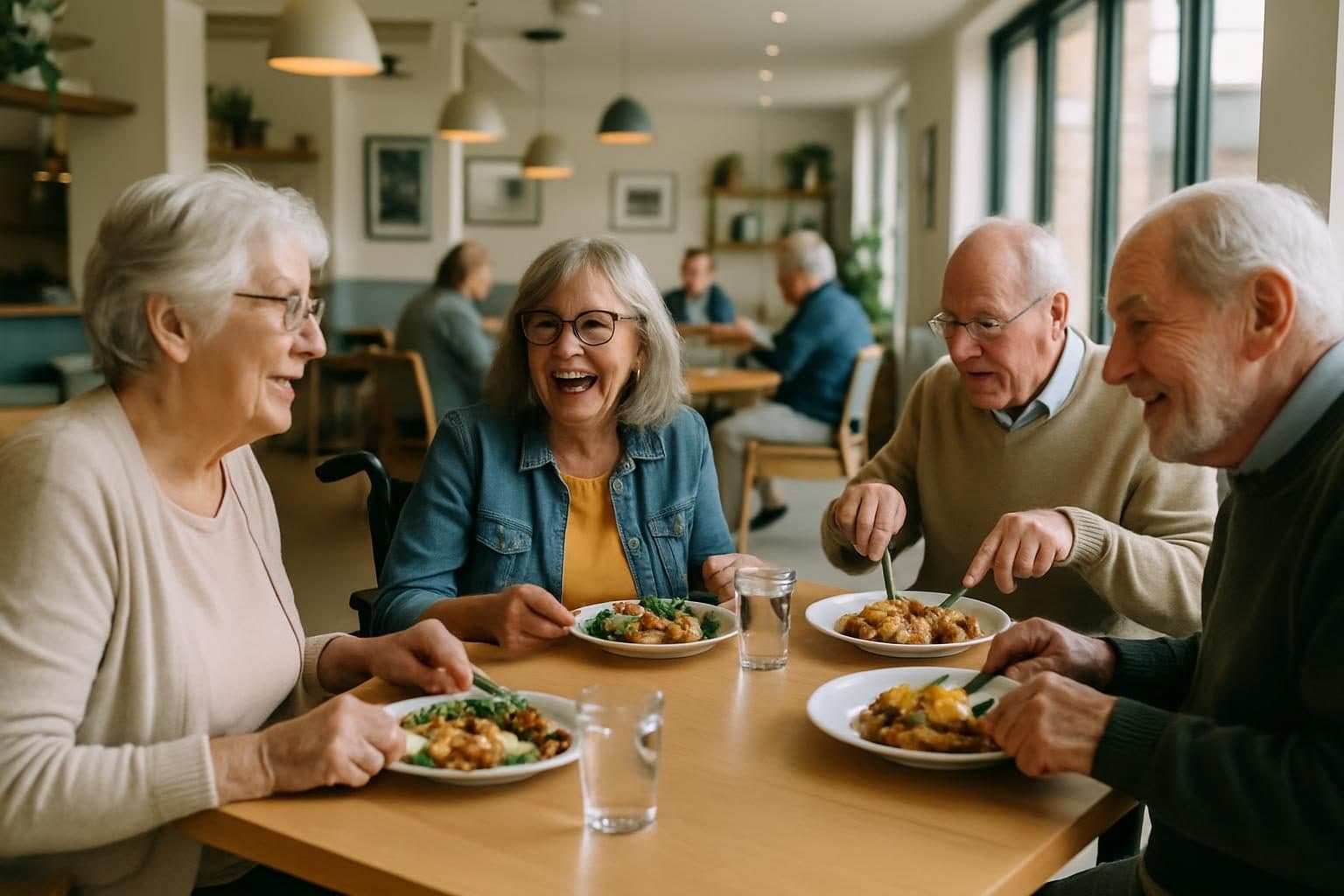 An illustration of friends having lunch in a bistro