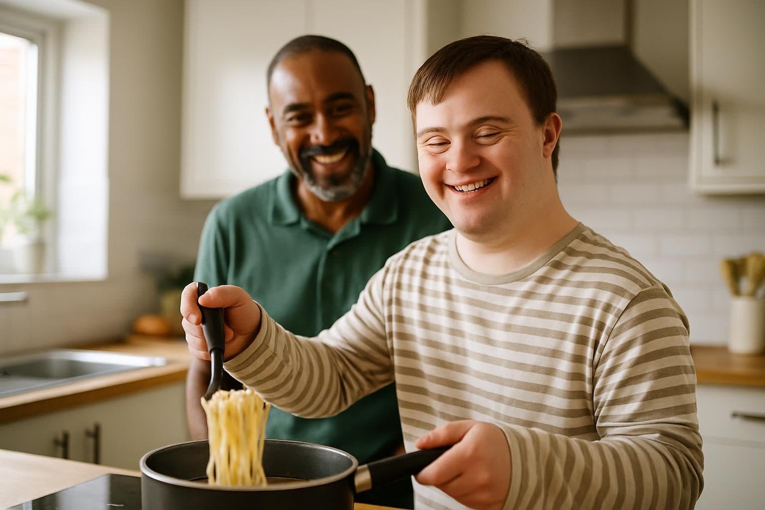 An illustration of a young man cooking in his own flat with a support worker