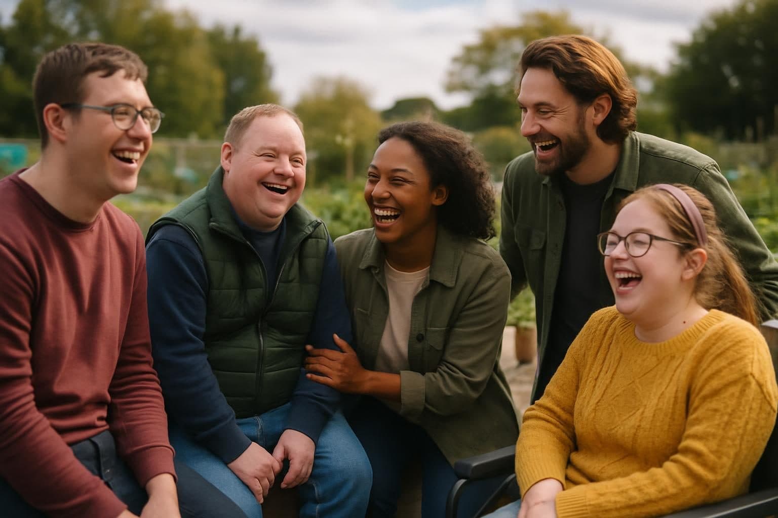 An illustration of people laughing together at an allotment