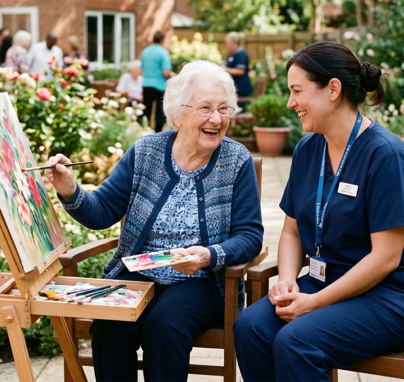 An example photograph of a nurse and a resident in the garden