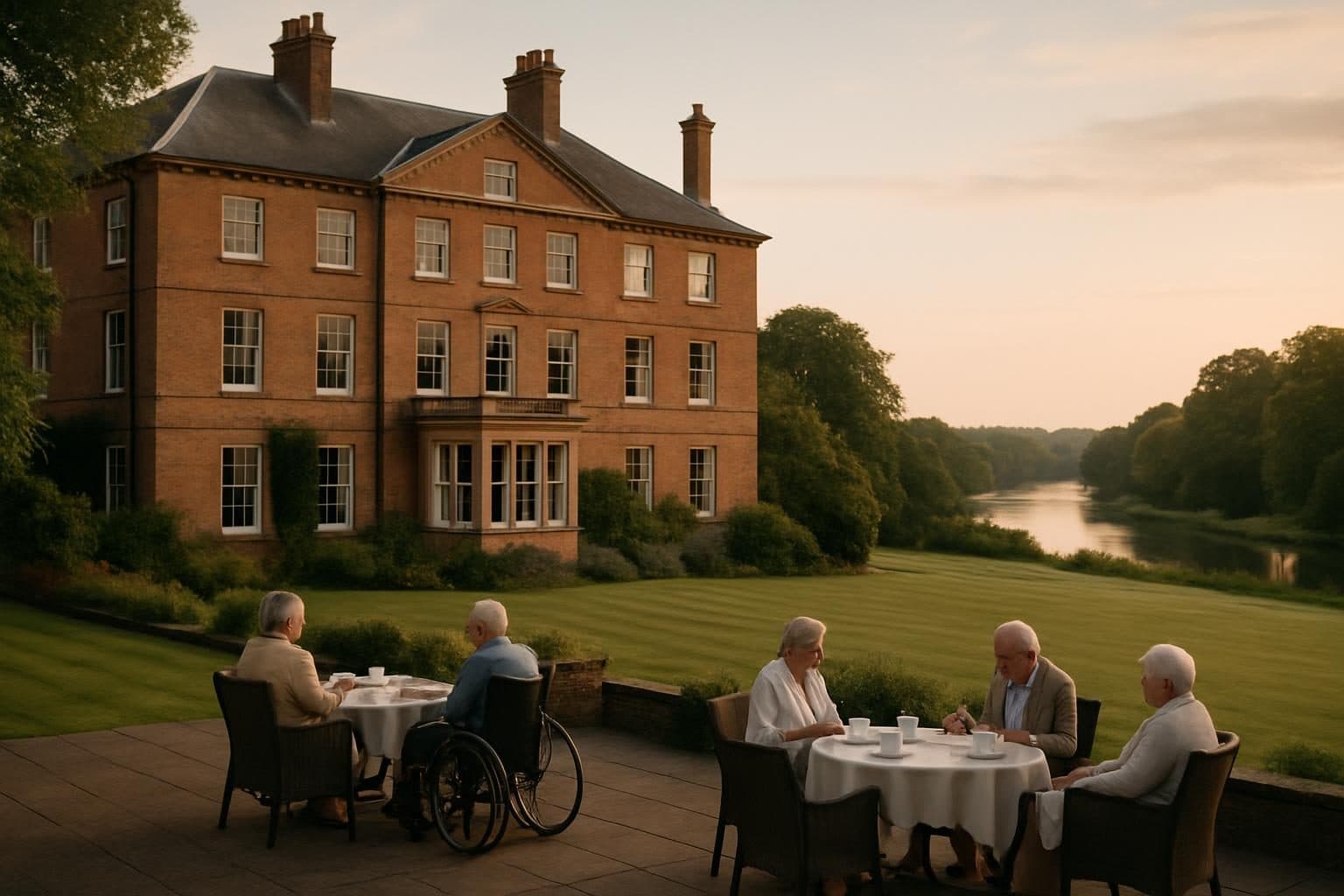 An illustration of residents taking tea on the terrace of a manor house
