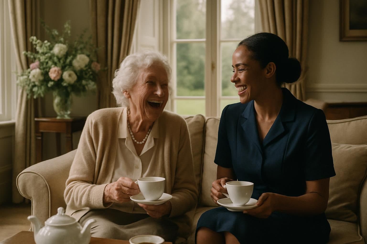 An illustration of a resident and a carer taking tea in an elegant drawing room