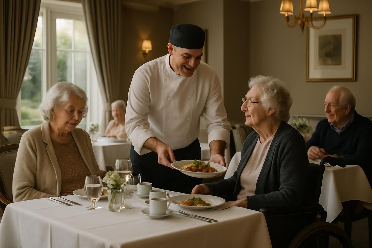 An illustration of a chef serving residents in an elegant dining room