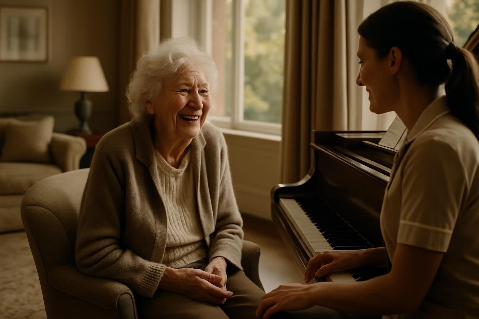 An illustration of a resident listening to piano music in a sunlit room