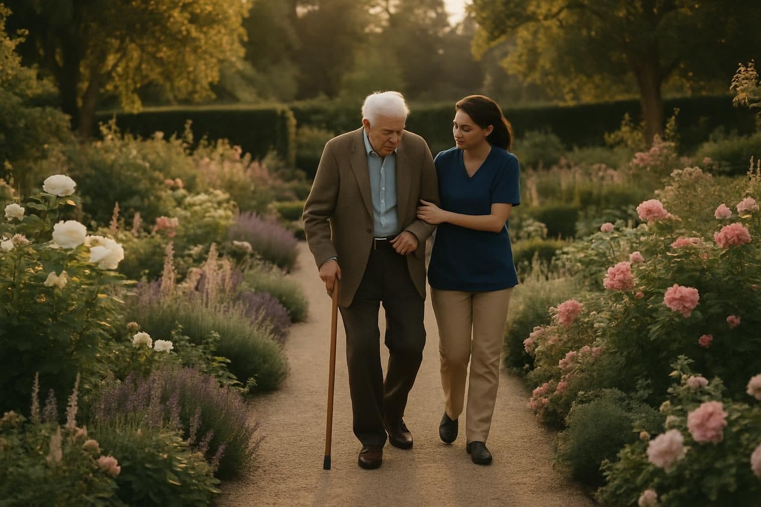 An illustration of a man and a carer walking in a sensory garden