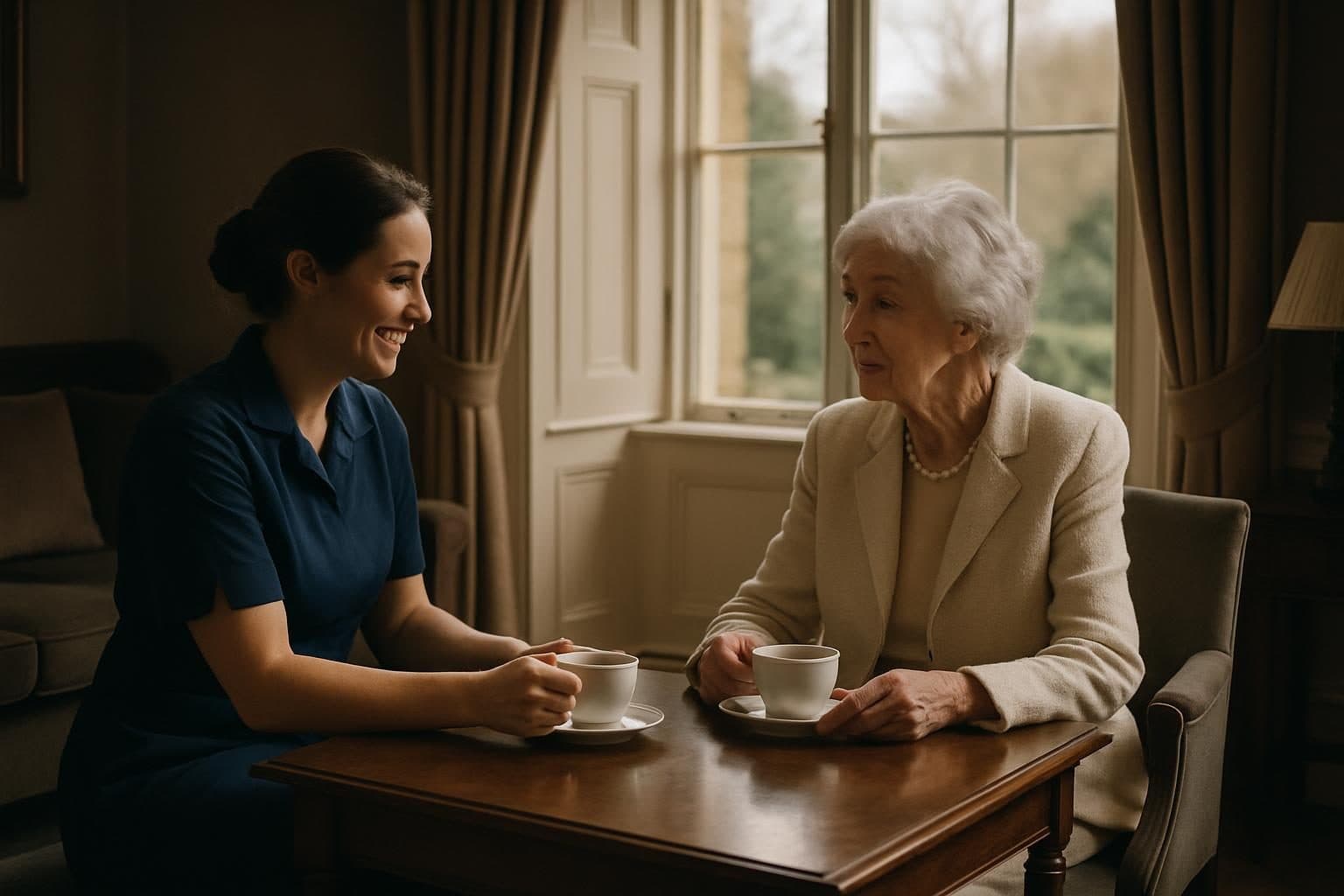 An illustration of a carer and a woman having coffee in an elegant sitting room