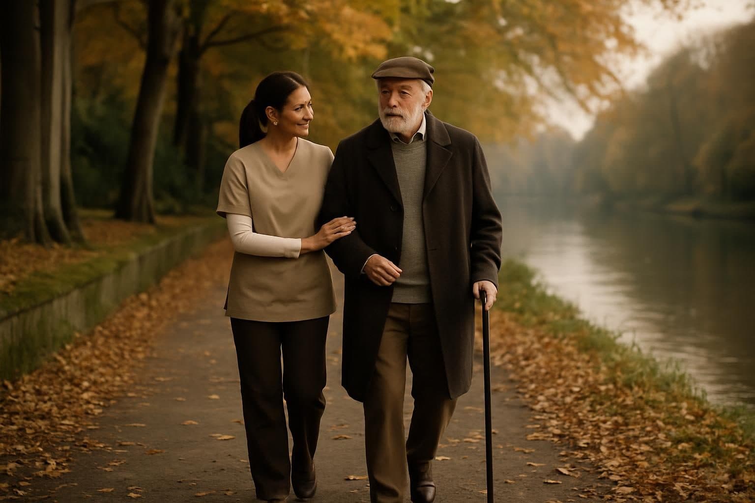 An illustration of a carer walking with a gentleman along a riverside path