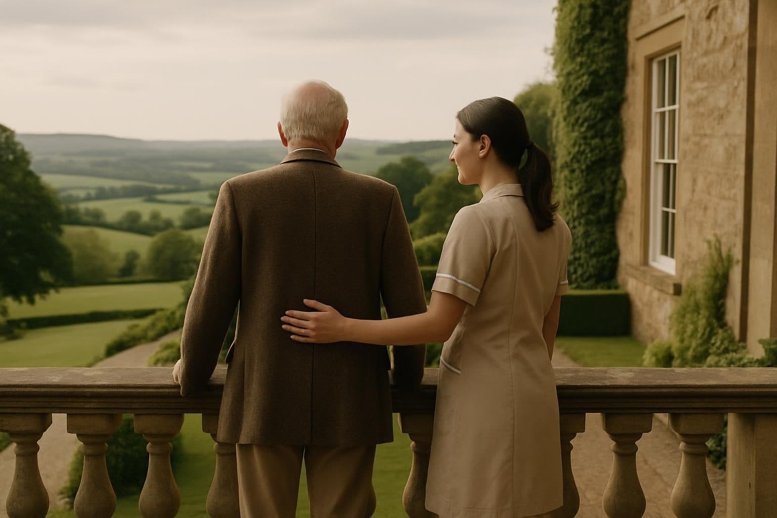 An illustration of a man and his carer on the terrace of a country house