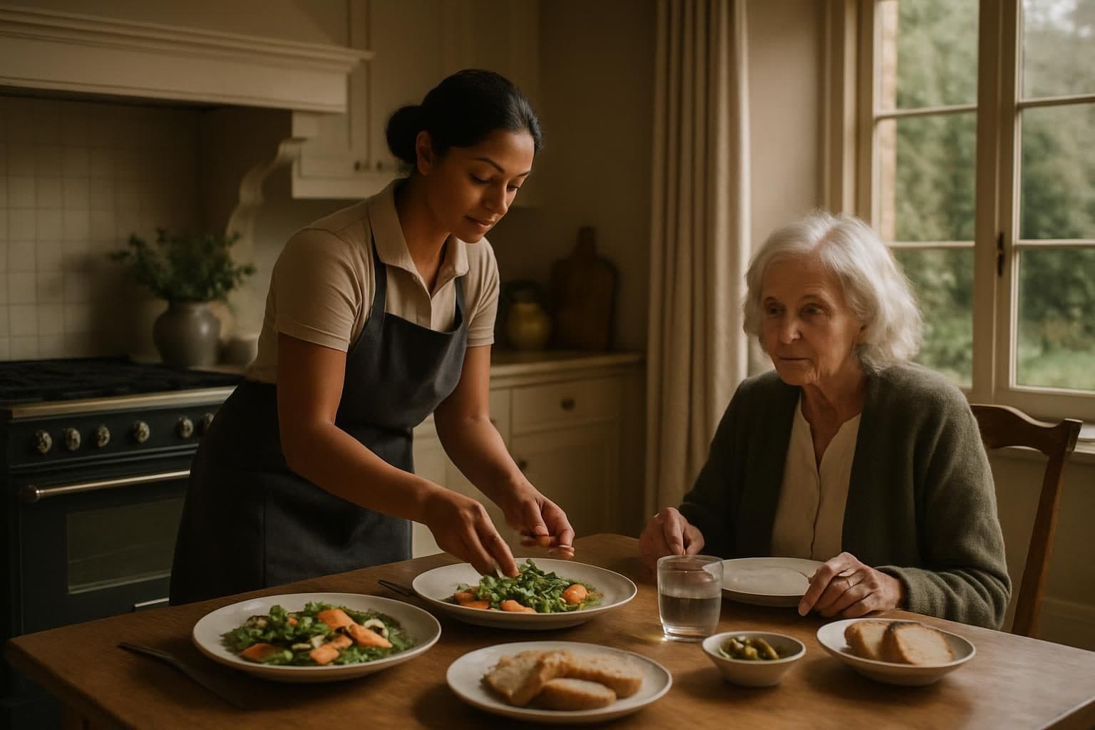 An illustration of a carer preparing lunch in an elegant kitchen
