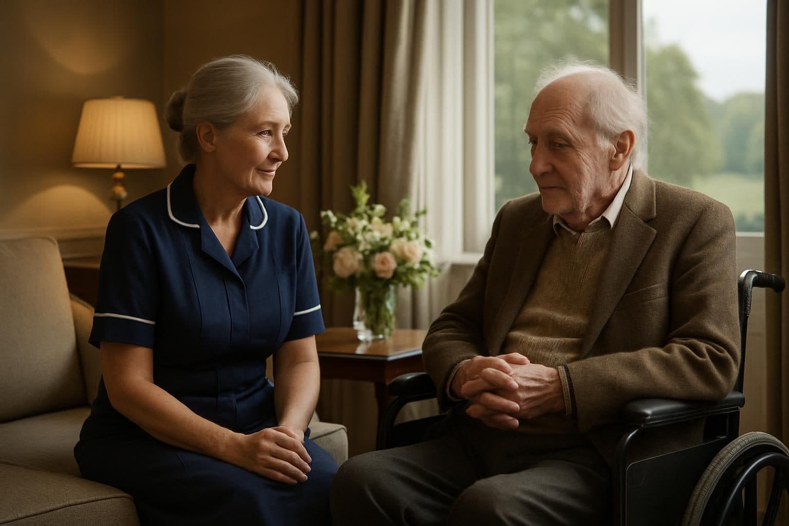 An illustration of a senior nurse with a resident in a private suite