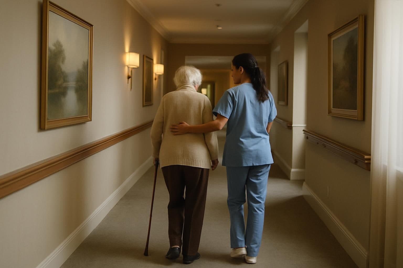 An illustration of a nurse walking with a resident along an elegant corridor