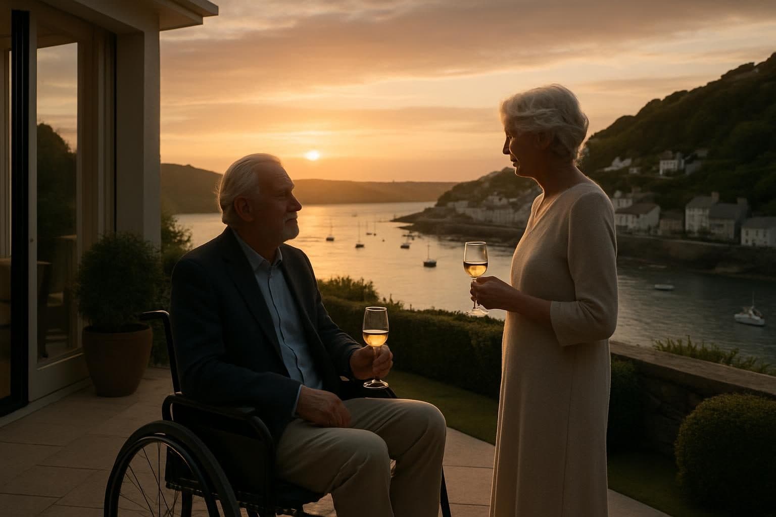 An illustration of a couple on a clifftop terrace above a harbour