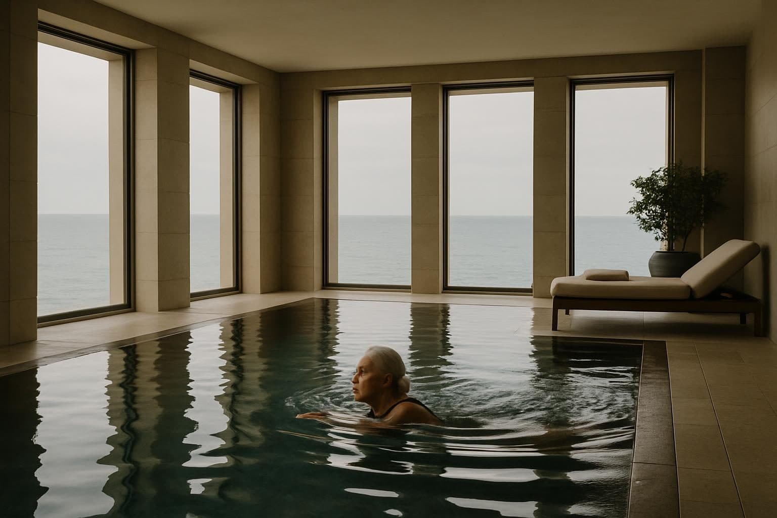 An illustration of a woman swimming in a spa pool overlooking the sea