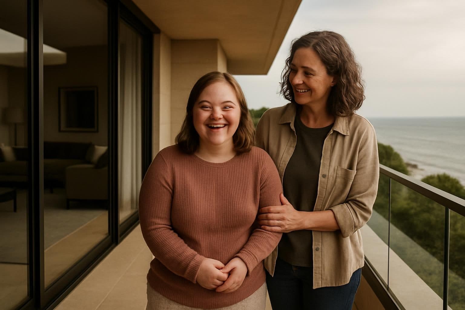An illustration of a young woman on a sea view balcony with a support worker