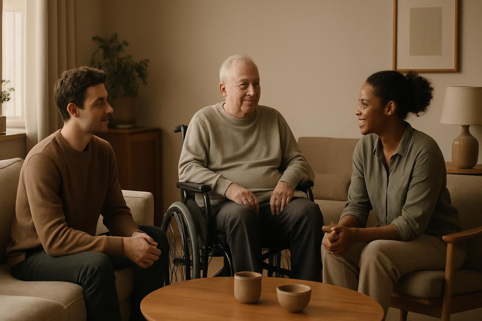 An illustration of people relaxing in a calm living room