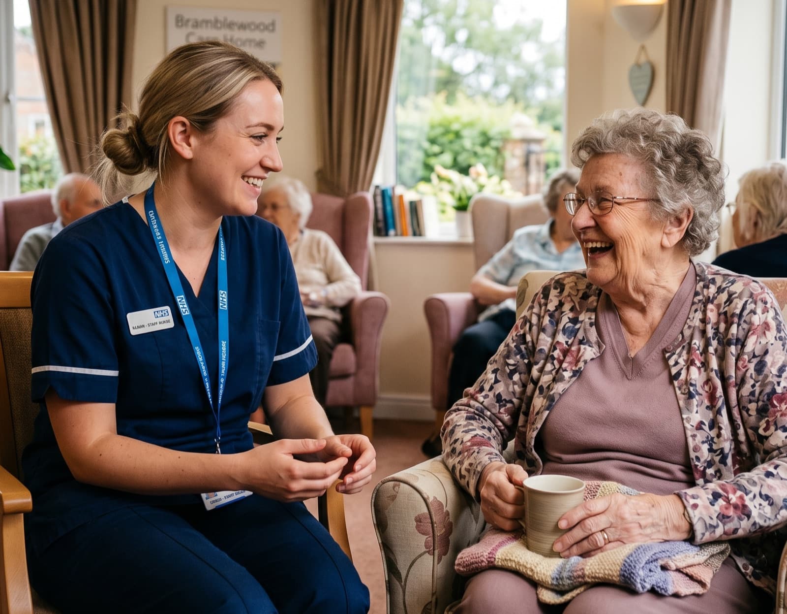 An example photograph of a resident and a carer together