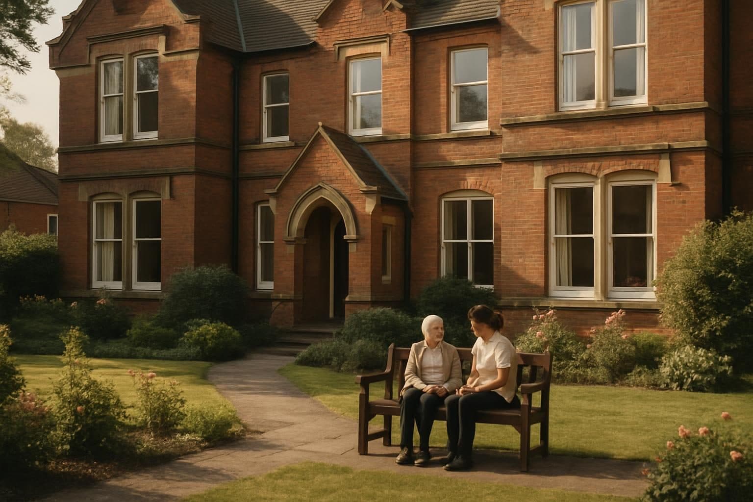 An illustration of a Victorian house care home with a resident and carer in the garden