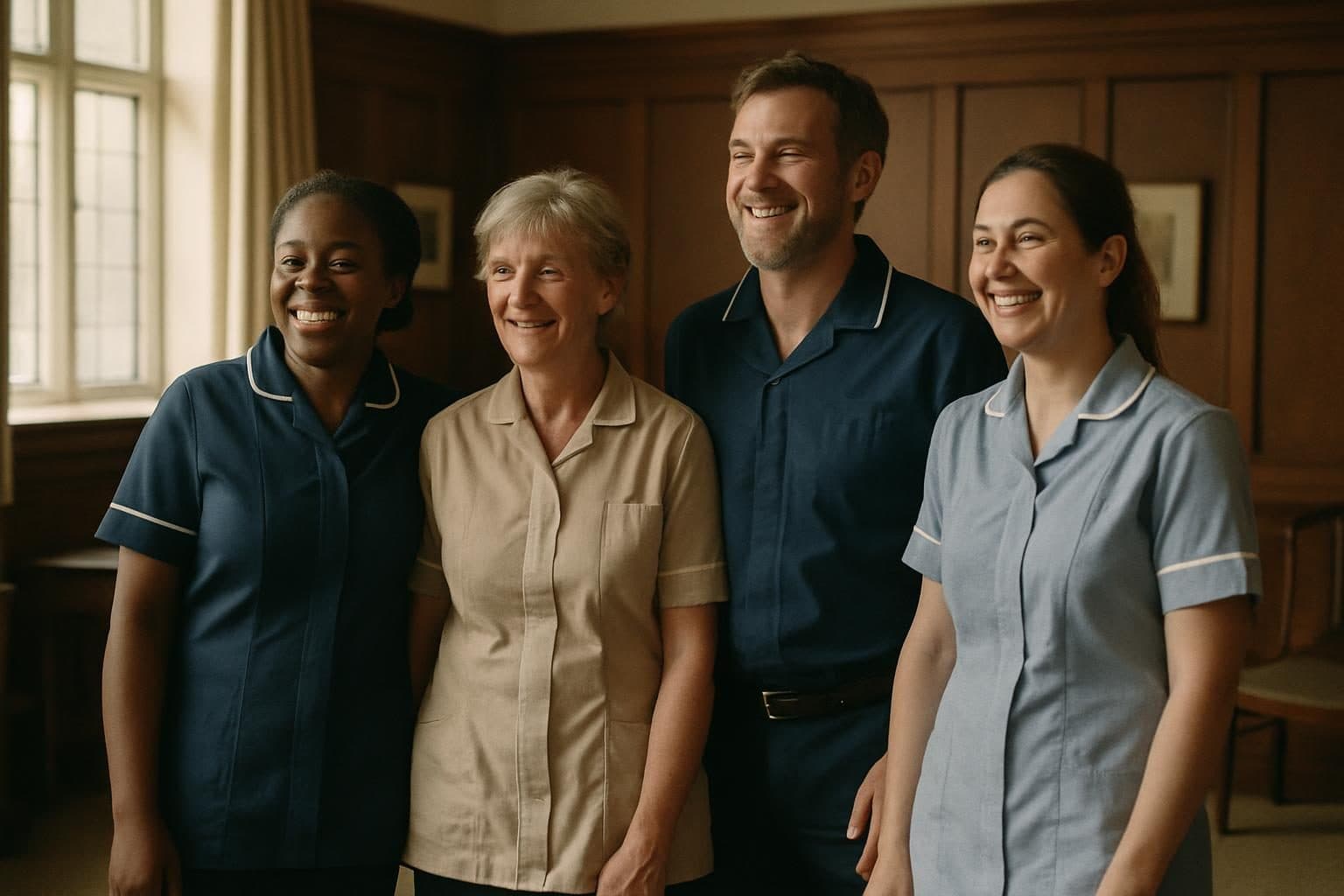 An illustration of care home staff smiling together