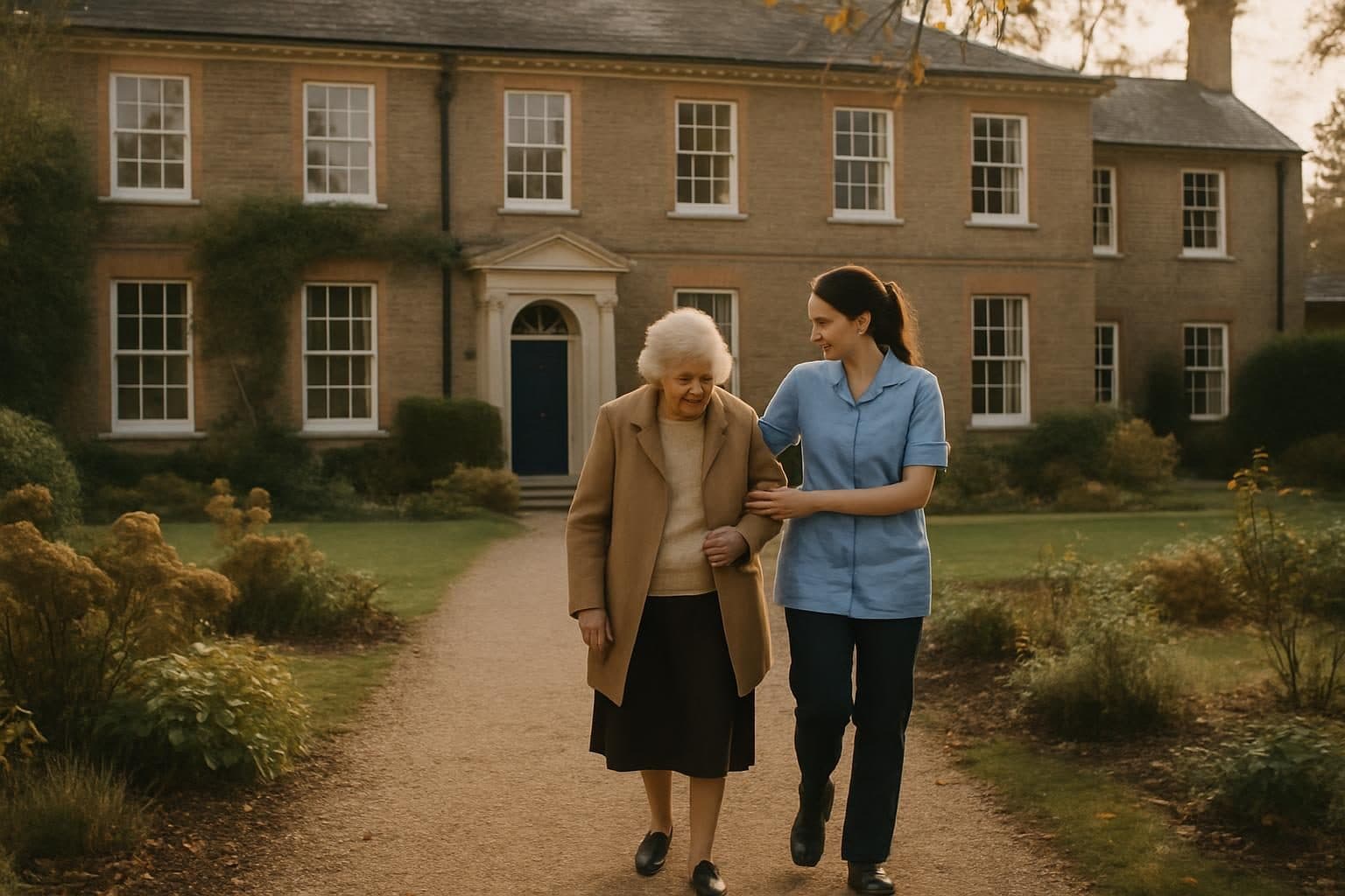 An illustration of a resident and a carer walking outside a country house